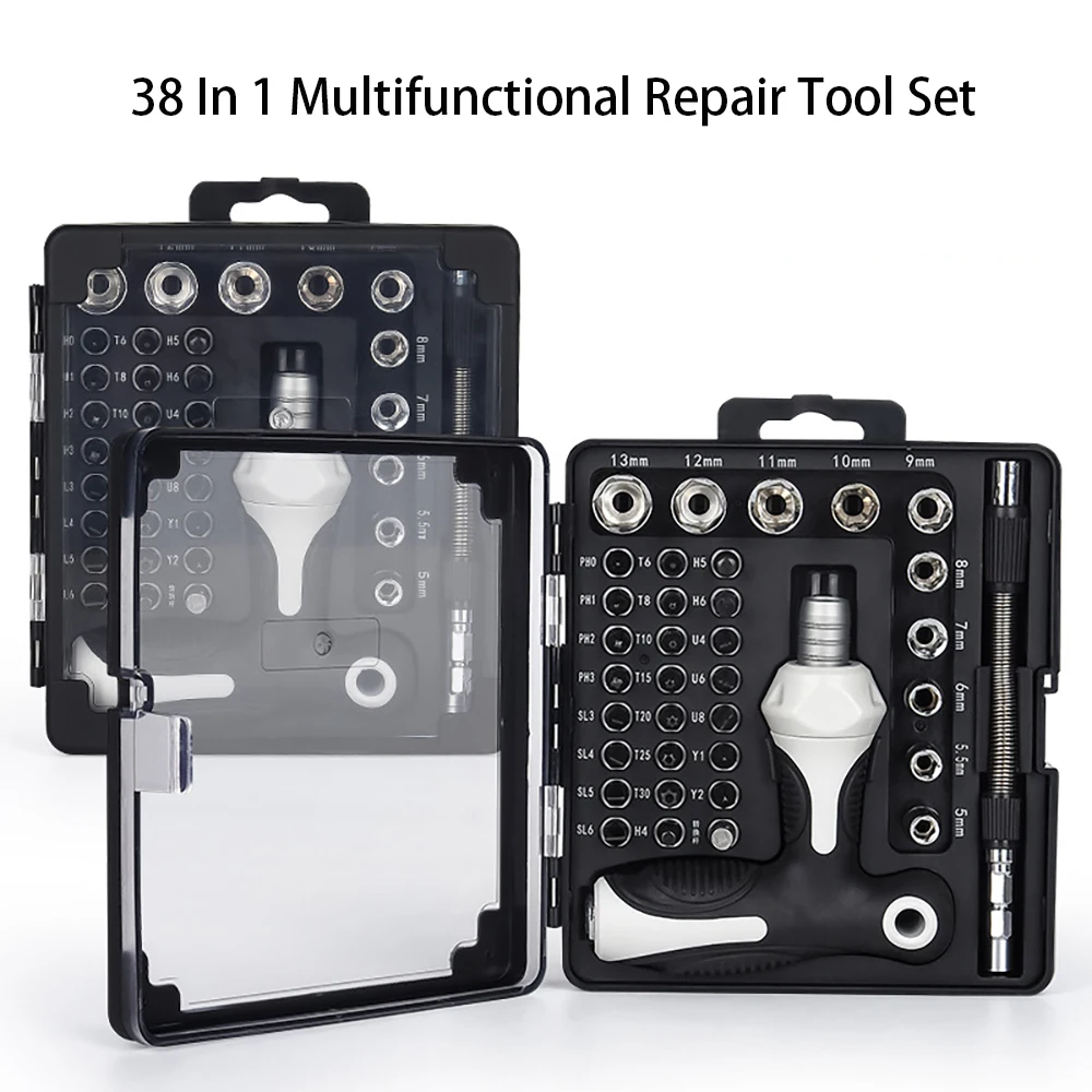 

38 In 1 Multi-Use Screwdriver Ratchet Set Retractable T-Handle Socket Bit Set Change Angle Sleeve Tool Repair Tool