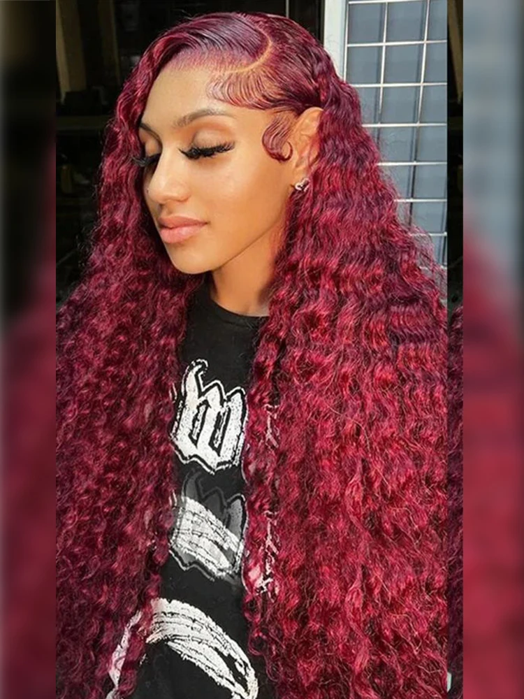 13x4 HD Full Lace Front Perücken 46 Zoll 13x6 Burgunderrote Tiefgelockte Wellen-Lace-Frontal-Perücken 99J Rot Gefärbt 200 Dichte Echthaar-Perücken