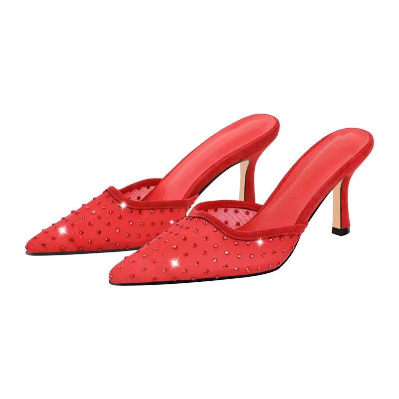 Onlymaker Women Pointed Toe Slip On Rhinestone Mules Red Sandals Big Size Classic Fashion Female Sandals