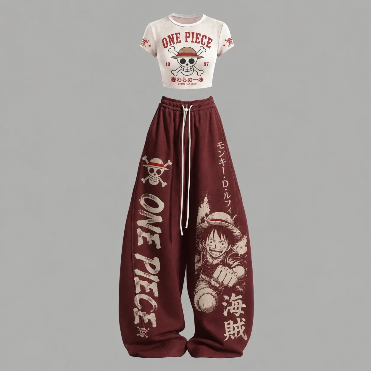 Male and Female Pirate Group Luffy Anime Regular T-shirt Long Pants Set Loose Sports Pants Family Matching Parent-child Outfit