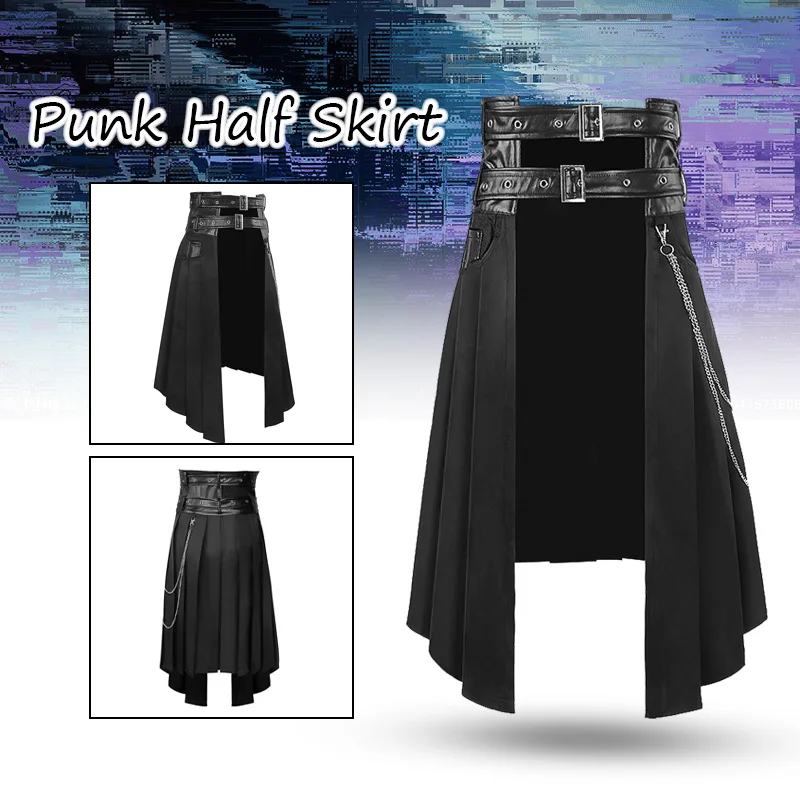 Medieval Men Skirt Vintage Kilt Punk Pleated Skirt Men's Gothic Leather Belt Medieval Roman Warrior Kilt Metal Chian Cosplay