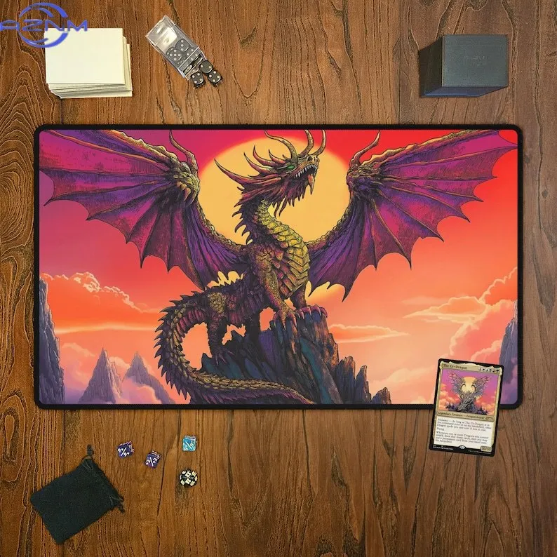 Sunset Ancient Dragon TCG Playmat, Fantasy Red‑Sky Dragon Non‑Slip Trading Card Game Desk Mat