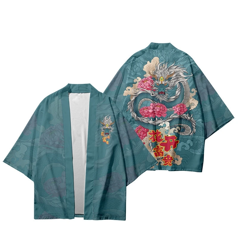 

Traditional Samurai Kimono Men Japanese Anime Dragon Print Cosplay Haori boys girls Cardigan Yukata Shirt Summer Robe