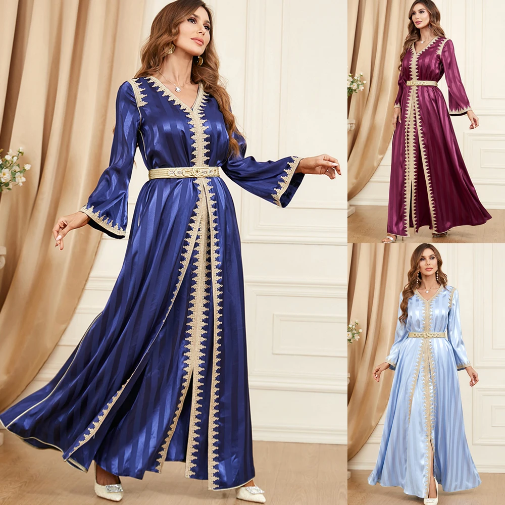 

Elegant Casual Women's Dresses Abayas For Women Muslim 2 Pieces Set Satin Stripes Lace Tape Belted Kaftan Ramadan Gorgeous Party