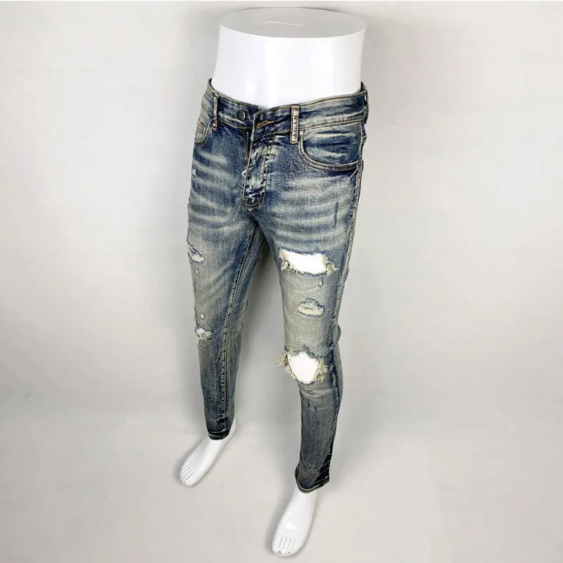 High Street Fashion Men Jeans Retro Washed Blue Stretch Skinny Fit Ripped Jeans Men Patched Designer Hip Hop Brand Pants Hombre