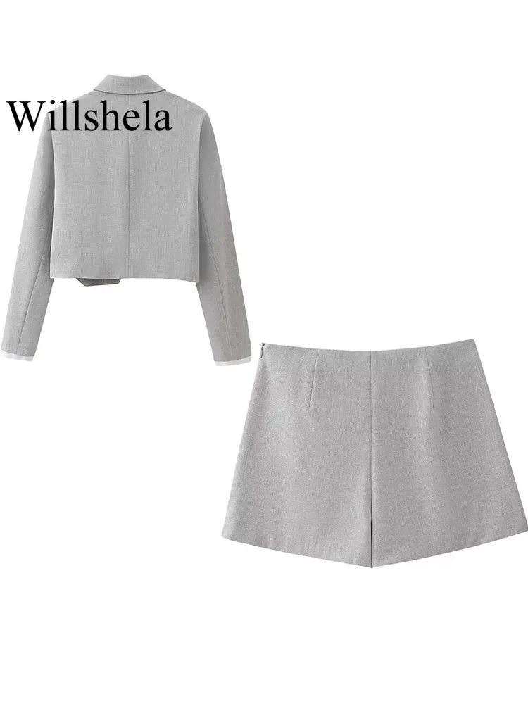 Willshela Women Fashion 2 Piece Set Grey Single Breasted Lapel Neck Shirts & Vintage Side Zipper Shorts Female Chic Shorts Set