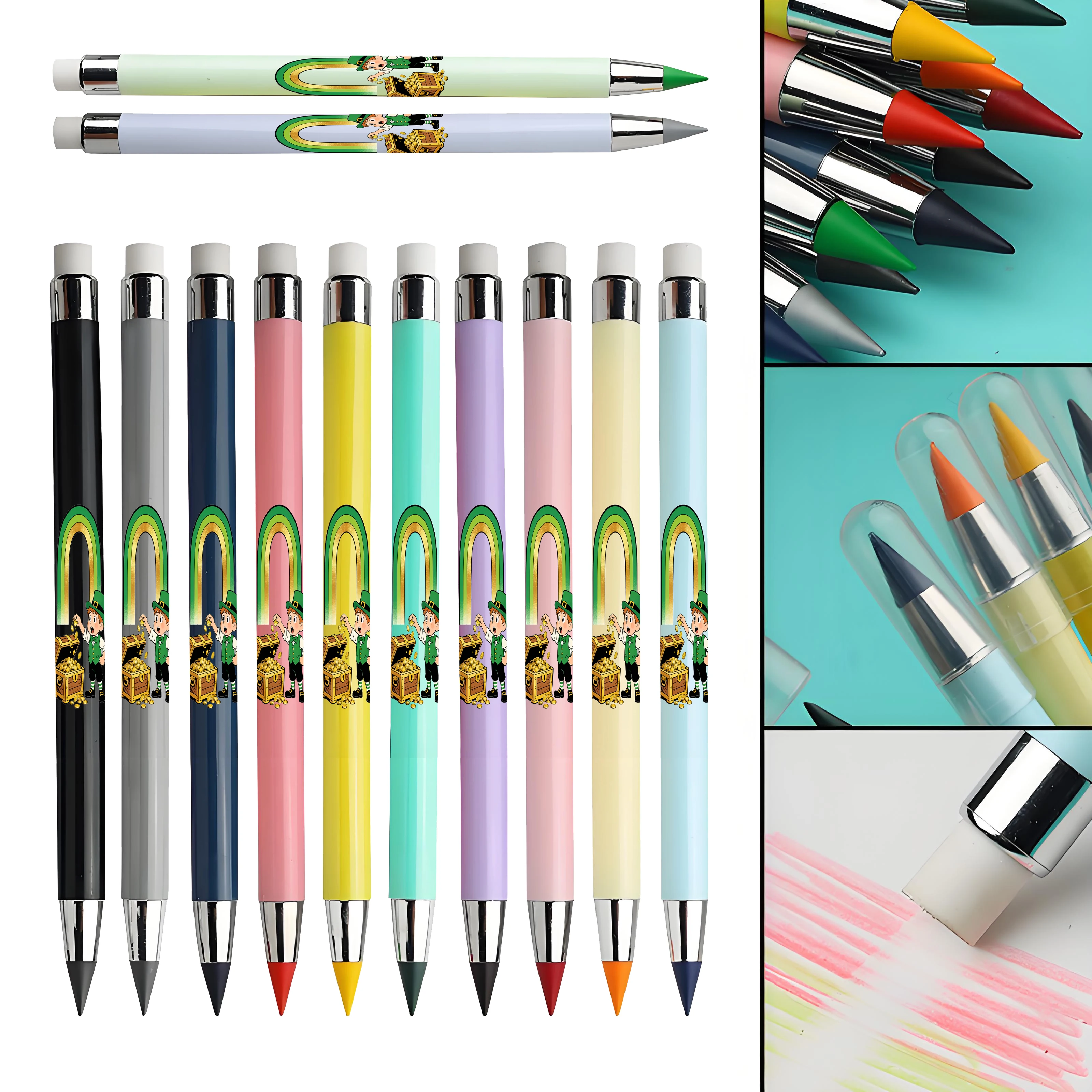 

12pcs St. Patrick's Day theme pattern eternal pencil macaron color not easy to break student drawing, drawing colored lead.