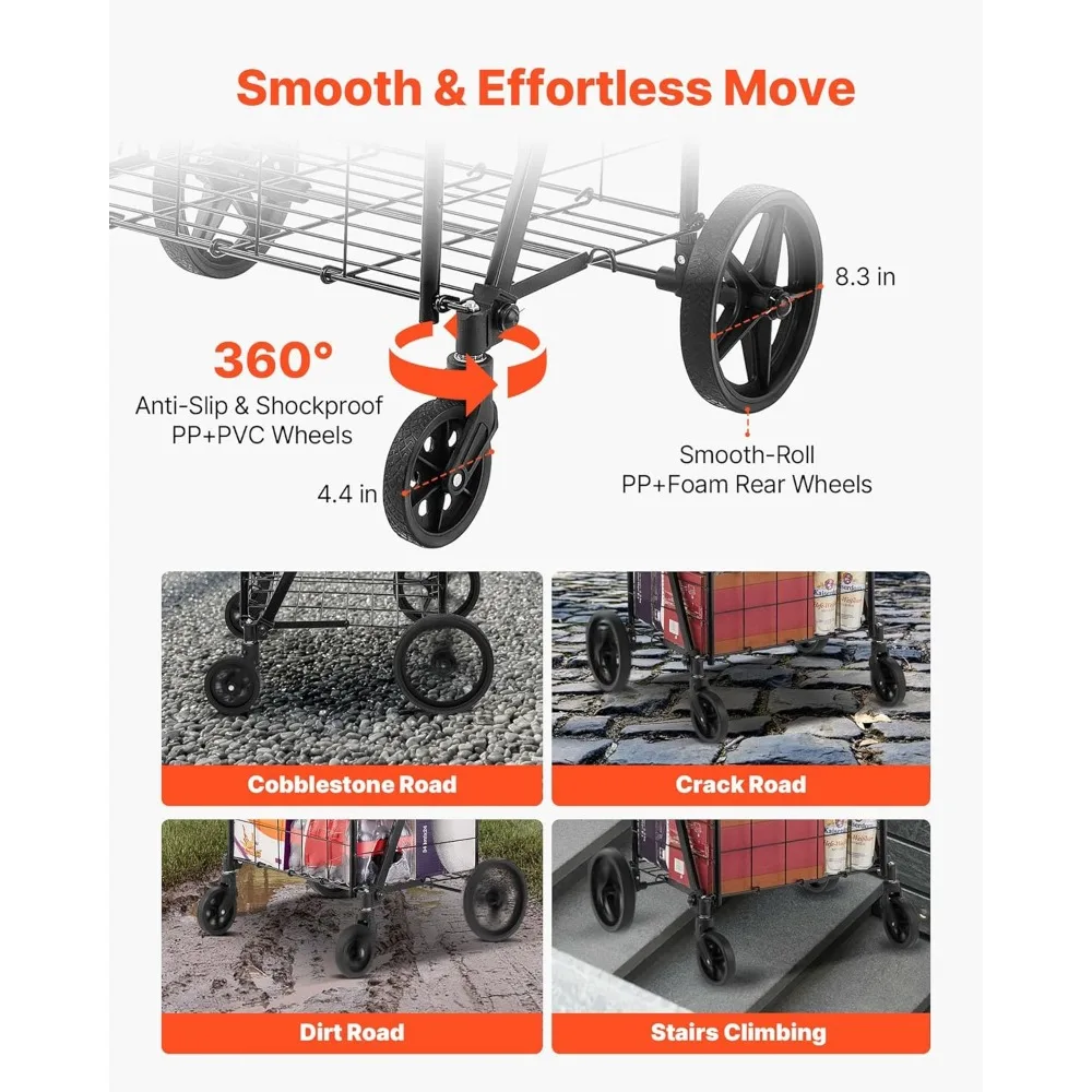 Carro de compras plegable gigante con cestas dobles, 360 °   Ruedas giratorias, capacidad de 110 libras para uso resistente