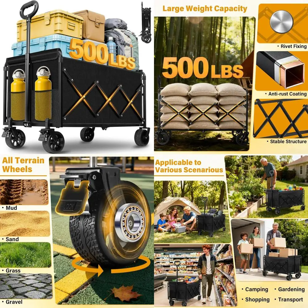 

Collapsible Utility Wagon with Large Capacity, Wheels, and Drink Holders for Camping, Gardening, and Grocery Shopping