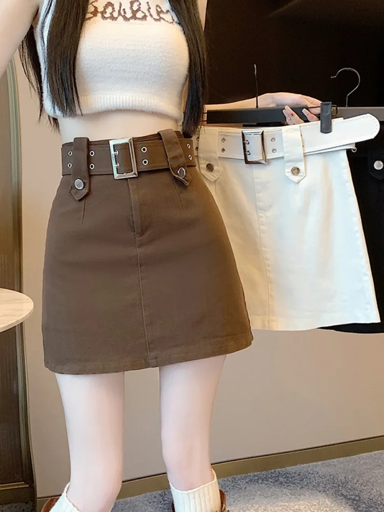 

Cé Brown A-Line Skirt with Belt Anti-Light High Waist Bodycon ort Skirt for Women Spring Summer Autumn New Arrival