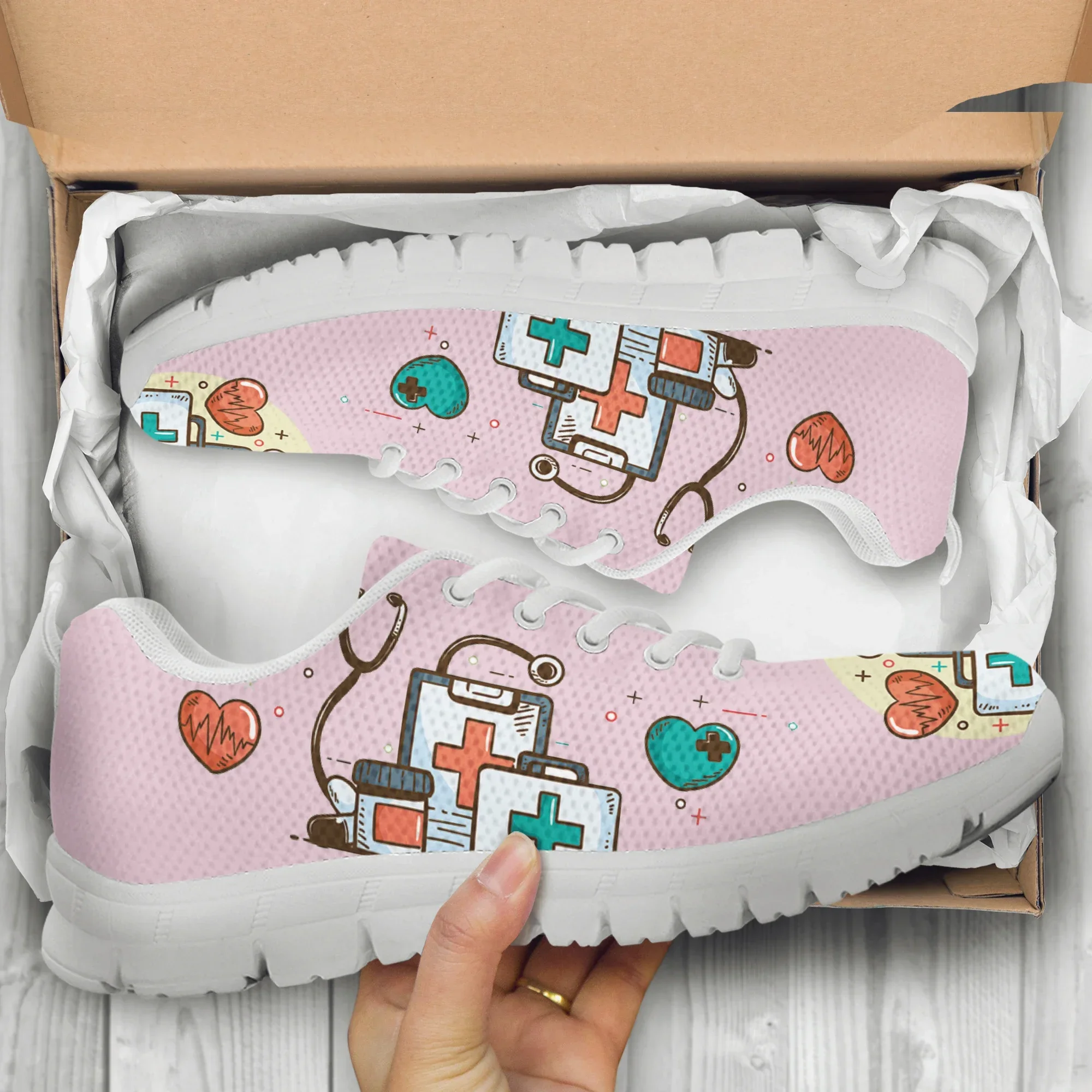 Brand Design Women Sneakers White Nursing Shoes Cute Cartoon Nurse Doctor Medical Print Light Lace-up Flats Footwear