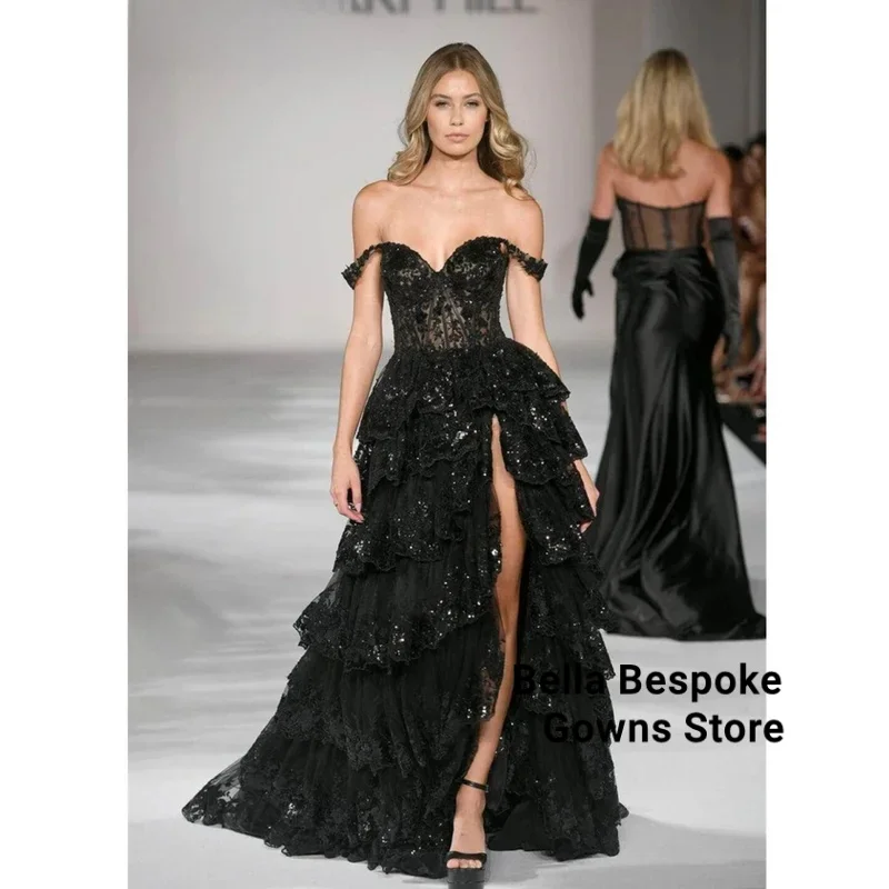 

Elegant Off Shoulder Multilayer Prom Dress Customized Side High Split Lace Party Dresses Princess Shiny Evening Gowns