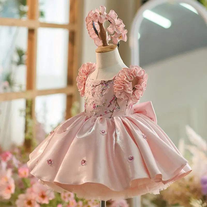 2026 New Birthday Princess Bow Dress Little Girl Pink Puff Sleeve Costume for Piano Performance One Year Old Celebration Dress
