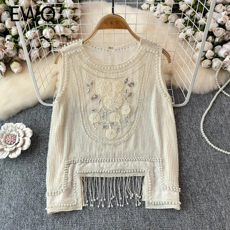 EWQ Fashion Sequin Diamond Spliced Women's Camis Tassel Pearl Design Round Collar Sleeveless Loose Clothing 2024 New 27X1171