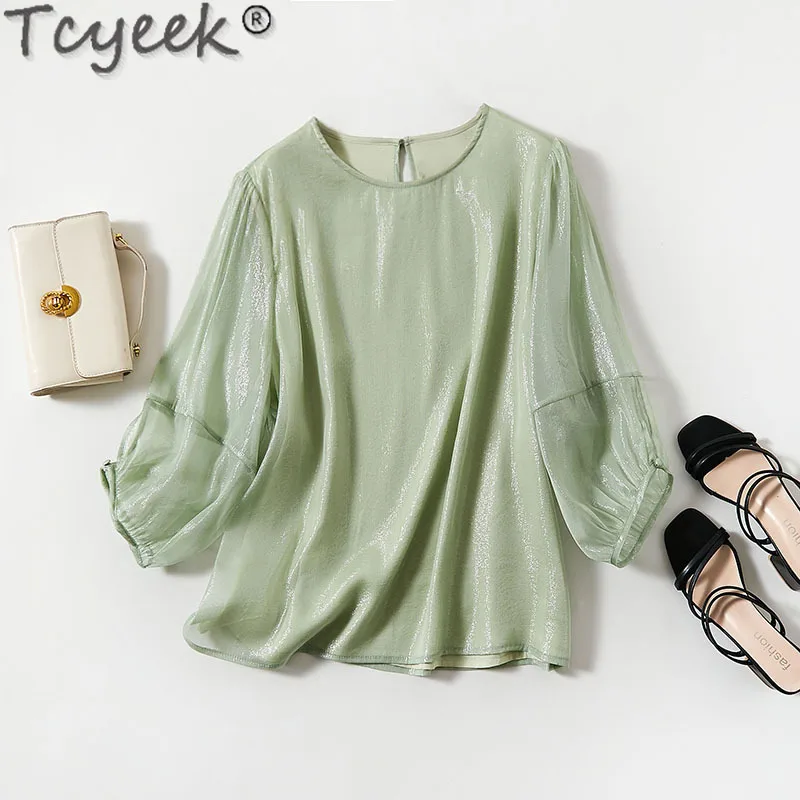 Tcyeek 70% Mulberry Real Silk Blouse Women Spring Summer Long Sleeve Top Female 2024 Elegant Blouses for Women Clothes Pullover