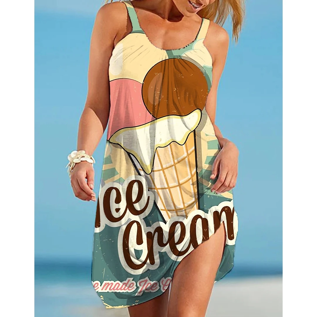 

Nature Print 3d Fashion Dress Women's Wear Ice Cream Print Suspender Short Skirt Summer Refreshing summer Women's Skirt