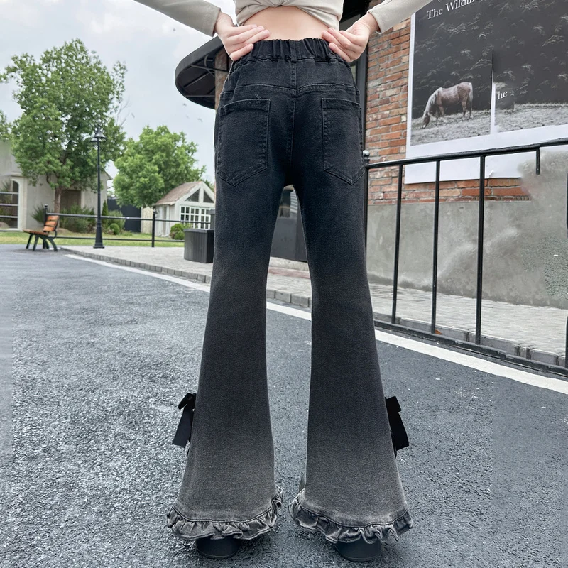 جديد أطفال تصميم الأطفال مايكرو مضيئة الجينز لفتاة المألوف الشارع الشهير سليم صالح Bootcut التدرج الدنيم السراويل مع القوس 4-14 Y #3