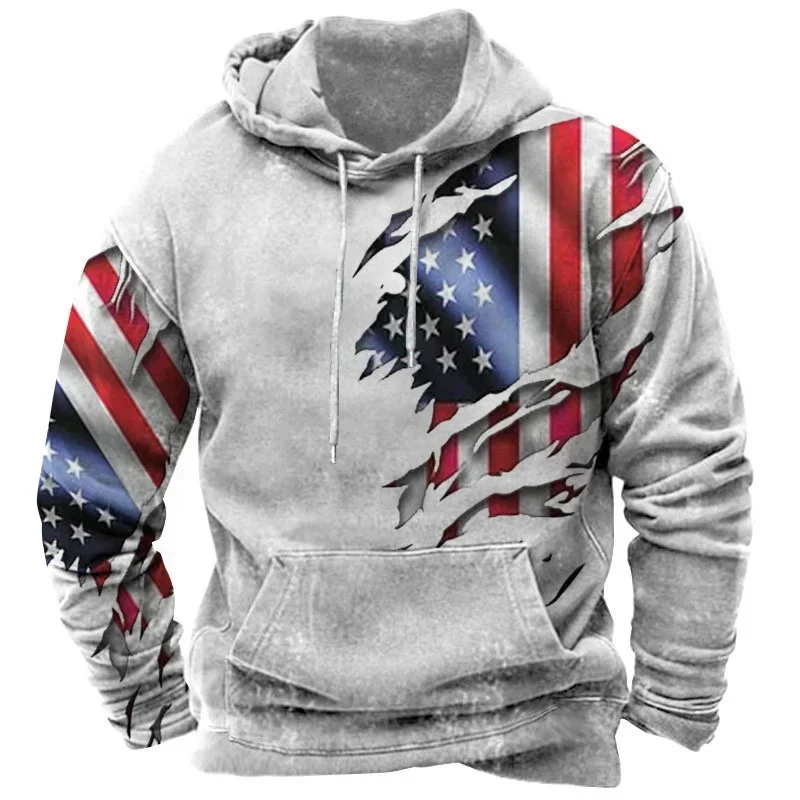 

2024 Harajuku Vintage Long-sleeved Street 3D Printed American Flag Hooded Sweatshirt for Men's Casual Personality Oversized Top