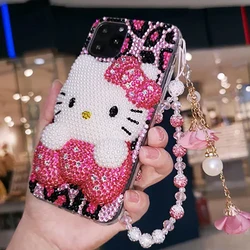 Kawaii Sanrio Hello Kitty Bling Bling Pink Kitty Phone Cases Diamond Pearl Maded Suit for Iphone15Pro 15Promax 15 14 13 12 11