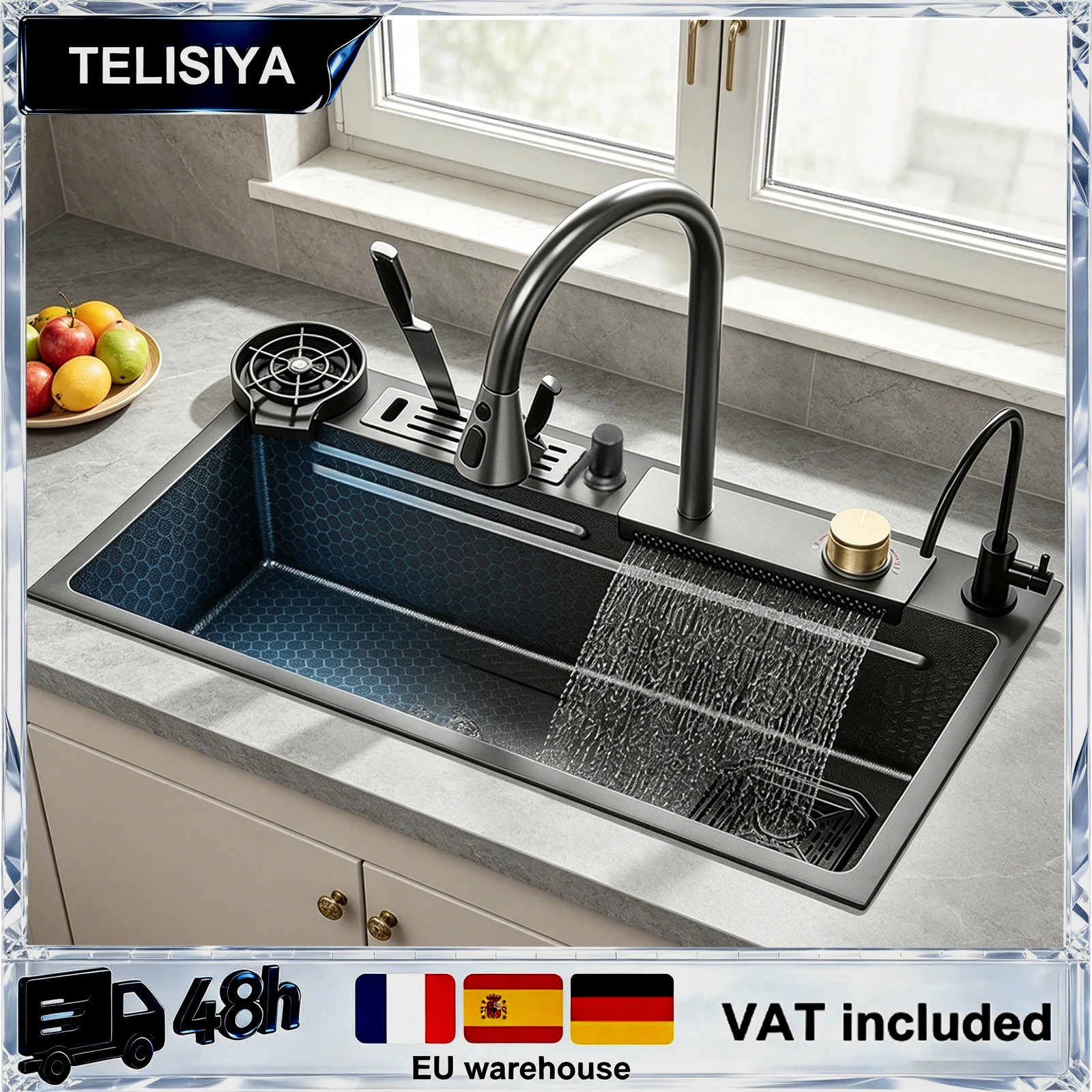 Fregadero de cocina multifuncional de acero inoxidable con cascada, lavabo grande de un solo seno para lavar verduras y platos, para el hogar.