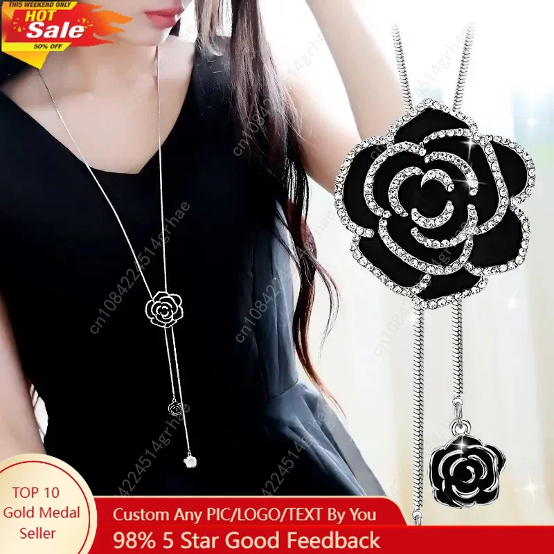 

Fashion Black Rose Flower Long Necklace Sweater Chain Metal Crystal Pendant Necklaces Adjusted