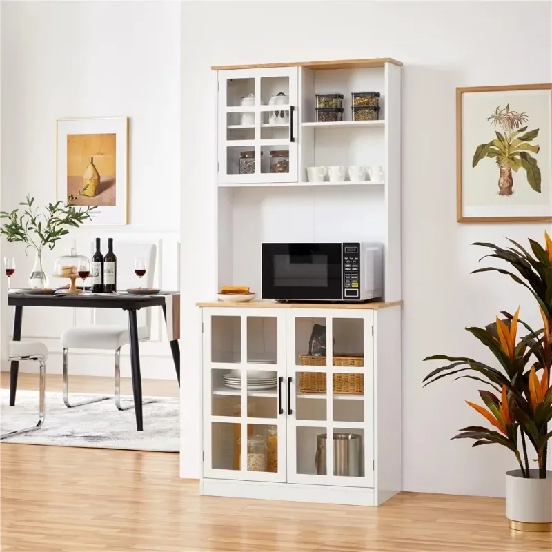 Premium H Kitchen Pantry Storage with 3 Cabinets 2 Open Shelves for Dining Room, White