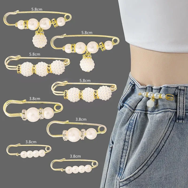 6PCS/8PCS/Set Waistband Pin Accessories Good Quality Pearls Crystal Gold Brooch Waist Tighting Clap Anti Exposed Safty Pins