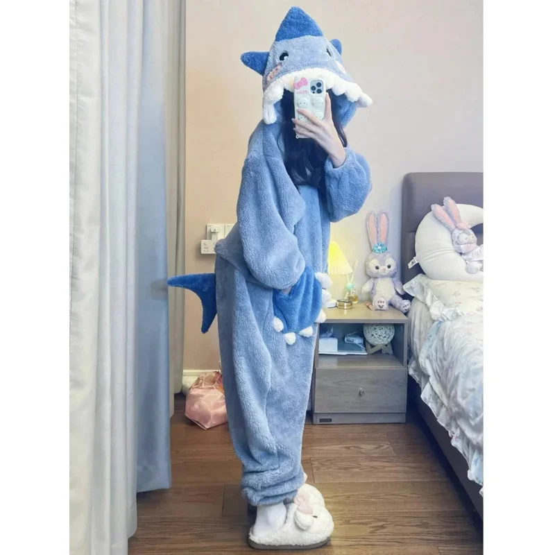 Women's shark pajamas cartoon cosplay costumes flannel hooded sleepwear female pijama jumpsuit homewear pyjamas party loungewear