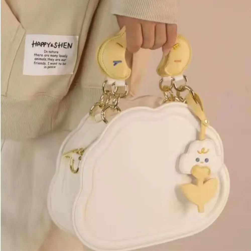 PU couro creme nuvens bolsa crossbody com pingente e alça bordado carta, casual bolsa de ombro, estilo coreano, meninas