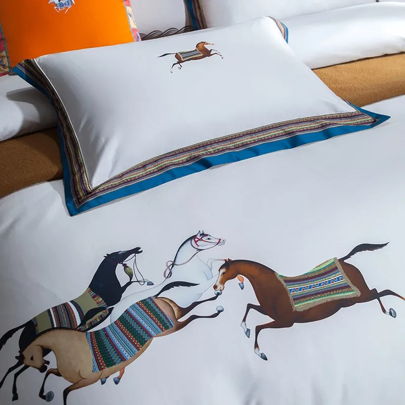 Imagem -05 - Conjunto de Cama de Algodão Egípcio Premium Soft Duvet Cover Cavalo Imprimir Frame Folha Plana Fronhas Double Queen Patchwork Pcs 1500tc