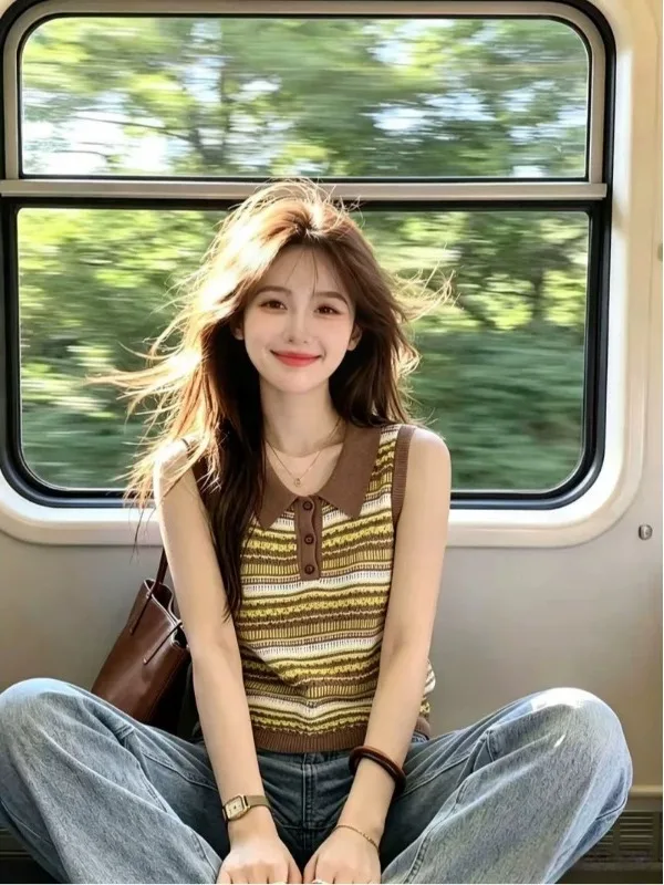 

Korean Style Vintage Neck Striped Knitted Vest Women Summer Spicy Sleeveless Fashionable Top Breathable Soft Gel Fiber