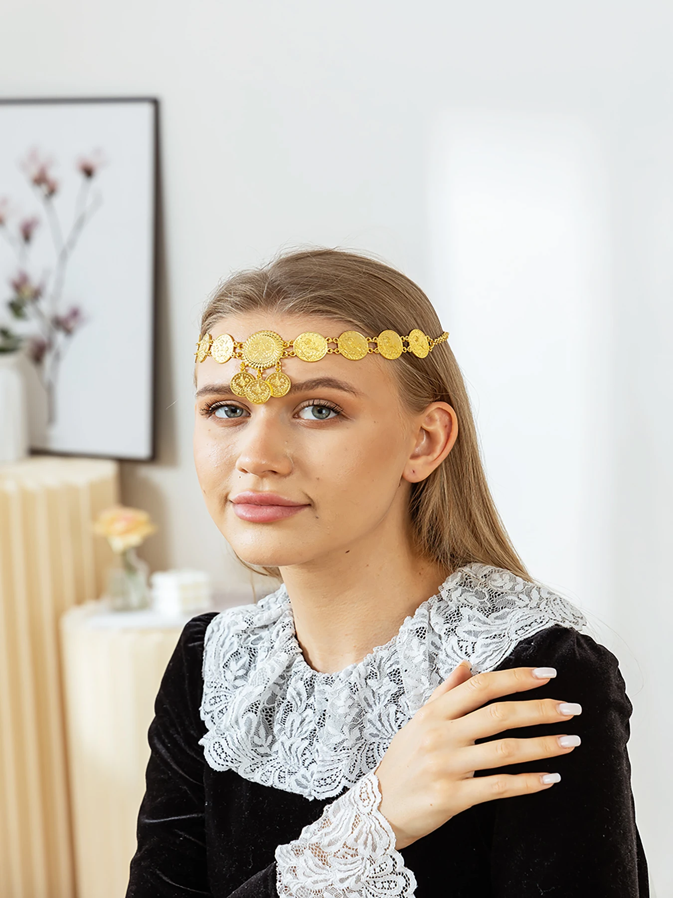 Arab Bridal Headdress Trendy Gold Color Metal Alloy Coin Tassel Head Chain Jewelry Headband Women's Wedding Accessories