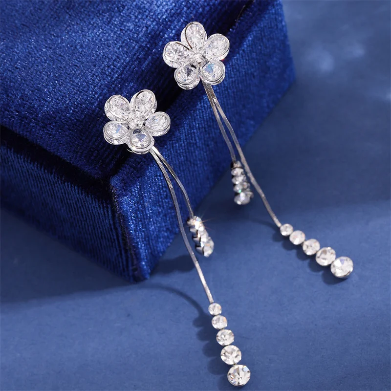 A pair of unique niche internet-famous bestsellers silver needle zircon flower long tassel earrings and earrings for women