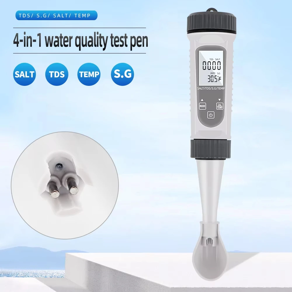 Digital 4-in-1 Salinity Meter TDS EC S.G Temperature Tester, Salt Concentration Detector for Sea Water, Fish Pond and Soup