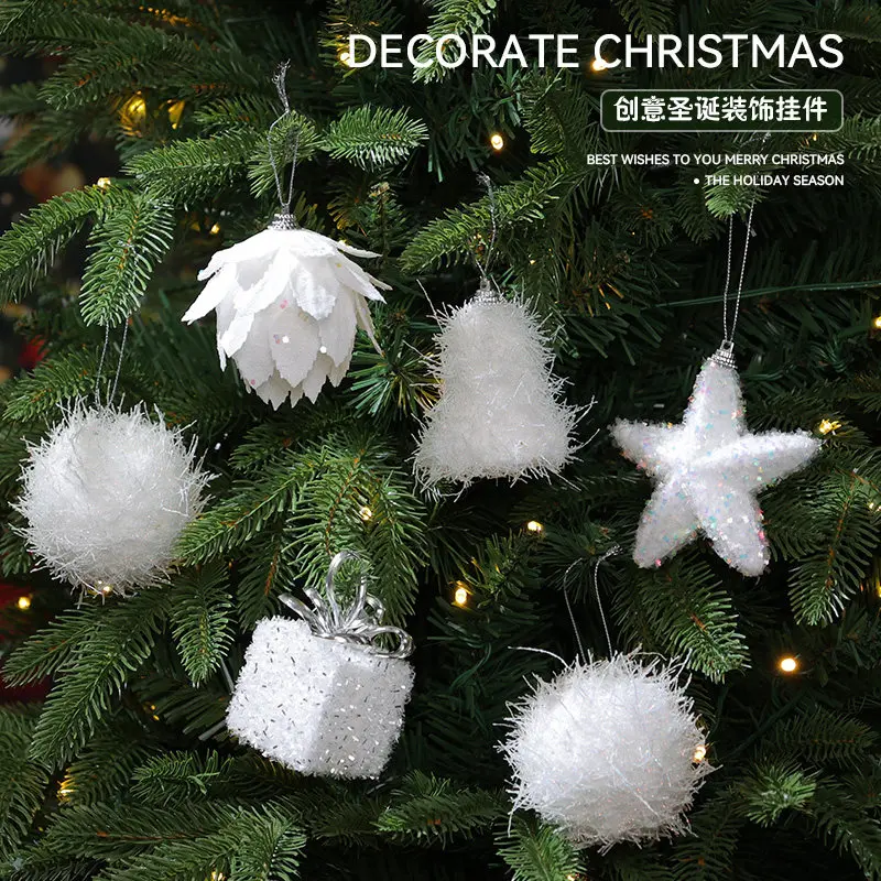Premium White Fluffy Assorted Shape Christmas Pendants Delicate Hangings Ideal For Tree And Window Holiday Scene Decoration