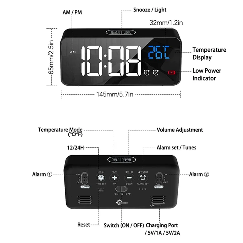 New Alarm Clock Mains Powered, Digital Clock Battery Powered With Temperature Display, Snooze, Dual Alarms For Bedroom