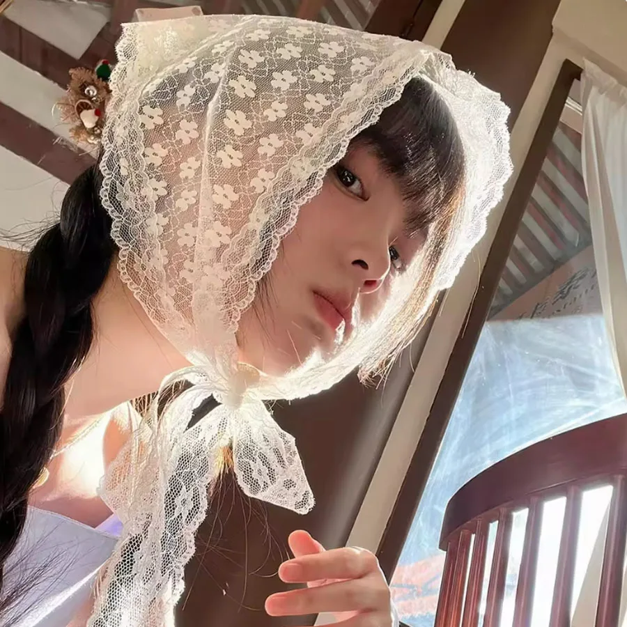 1PC triangle Lace scarf white sweet Lace Turban Headscarf Travel Photo Headband Hair Accessories Suitable Ladies Girls