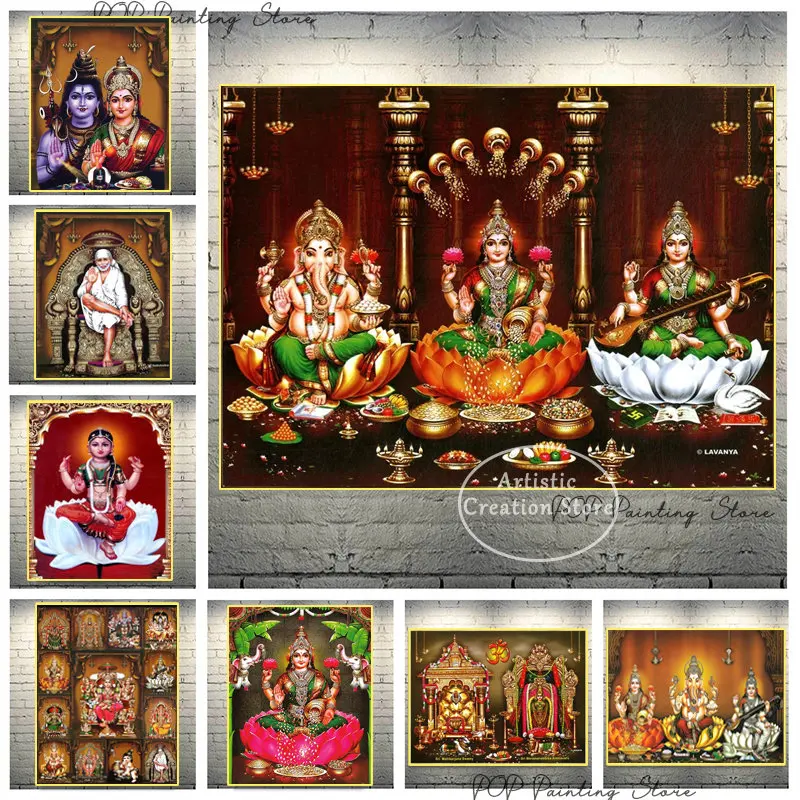 Hindu Religious Gods Poster Ganesha Krishna Shiva Parvati Paintings Posters Canvas and Prints Pictures Hindu Murals Home Decor