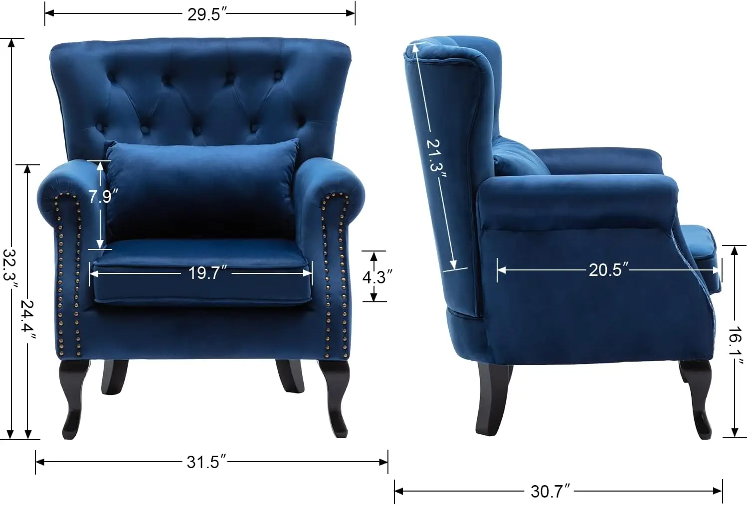 Mid Century Modern Accent Chair Upholstered Armchair Comfy Velvet Fabric Single Sofa with Tufted Wingback Blue