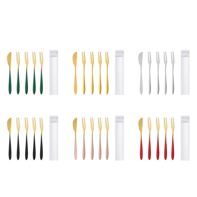 5Pcs/set Stainless Steel Fruit Fork Set Two Teeth Dessert Cake Fork Gold Plated Moon Cake Knife Fork Fruit Fork Dropship