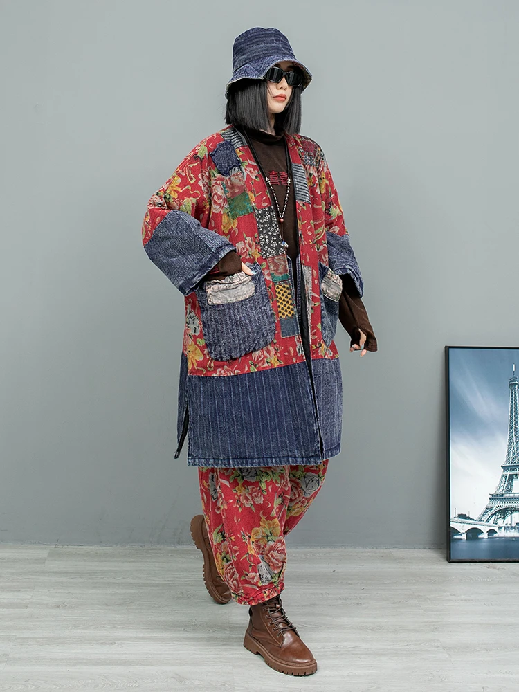 Chinese Style Printed Linen Patchwork Old Fabric Cotton Large Pockets Jacket + Pant Women Winter Thick Pant Set LX2683