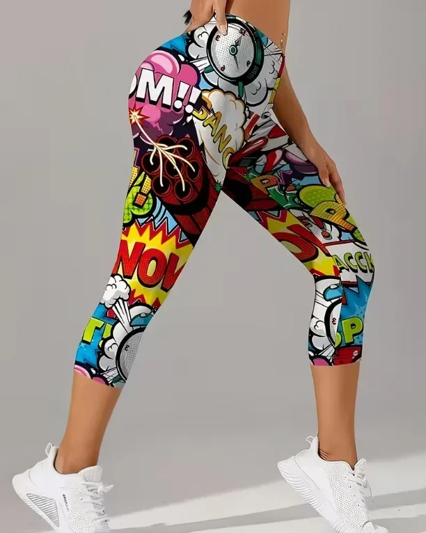Women Retro Comic Graffiti Letter Print High Waisted Leggings Slimming Skin-Friendly Breathable Soft Flattering Gym  Comfy