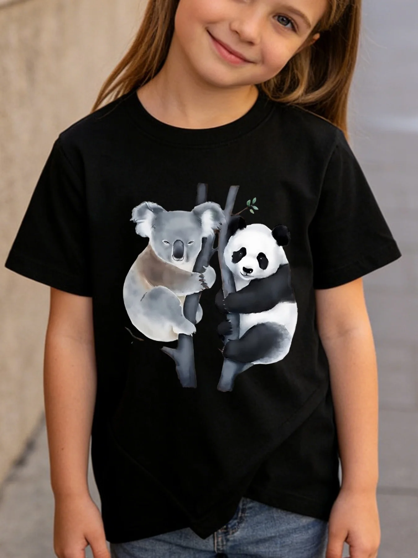 Kids Watercolor Panda Koala Tree Cute Animal Graphic Tee Boys Girls Family Matching Short Sleeve Lovely Casual Everyday T Shirt