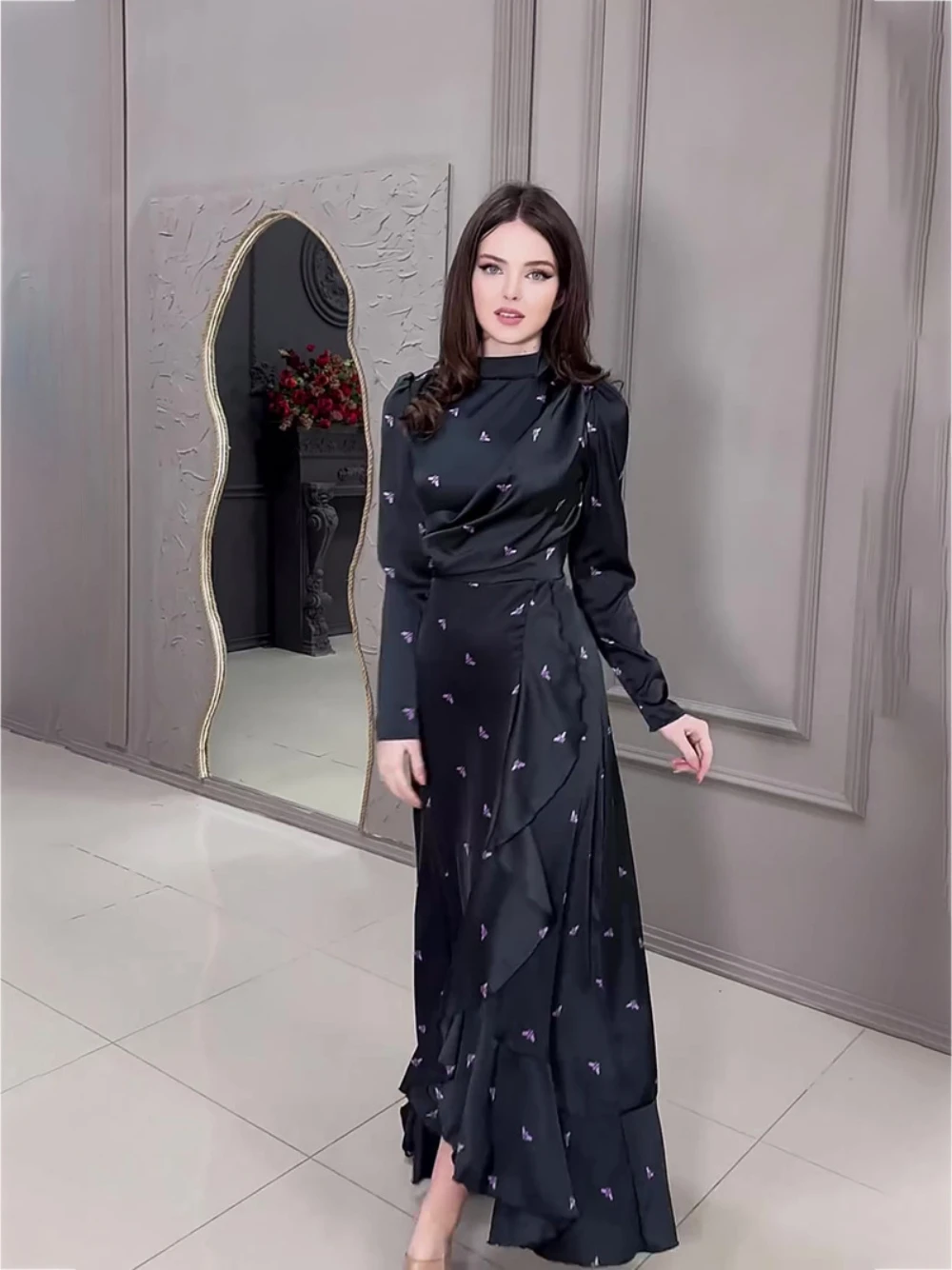 Rüschenes schwarzes High-Neck-Abendkleid, romantisches Partykleid mit langen Ärmeln, klassische Alltagskleider für Frauen, auf Lager