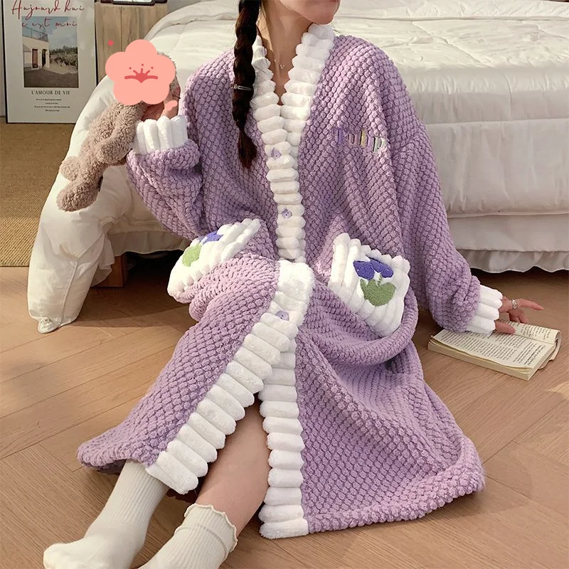 

Женские пижамы из кораллового флиса, новая модель, осенне-зимняя одежда для сна, домашняя одежда, ночная рубашка, фланелевая флисовая подкладка, утепленная, свободная, сохраняет тепло