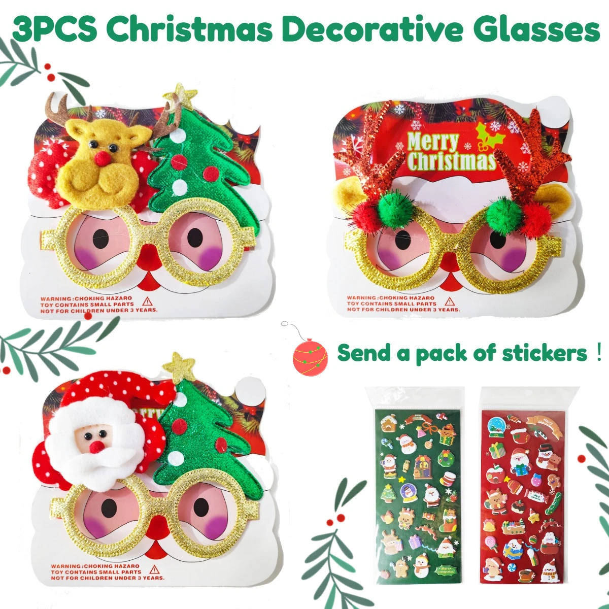 Decoración navideña para gafas, árbol de Navidad de alce, purpurina dorada, accesorios de vestir para el día de Navidad para niños y adultos