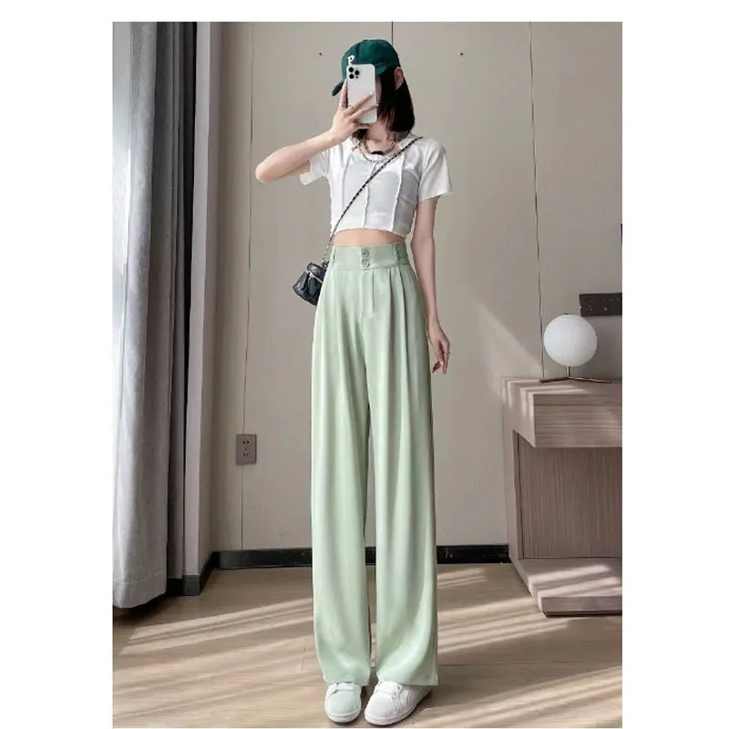 Fashion Double Button Colorful Summer Women Ice Shreds Wide Legs Thin Style High Waist Chiffon Loose Casual All-match Trousers