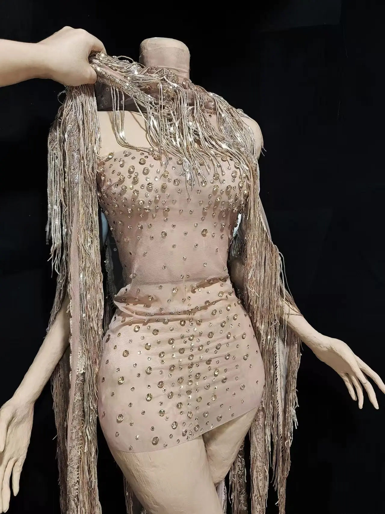 Robe longue transparente à franges sophistiquée et fluide, tenue de soirée scintillante, costume de célébrité sexy pour soirée, scène de chanteuse, boîte de nuit