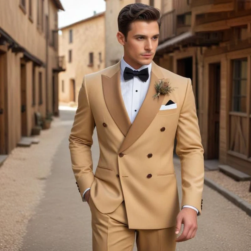 High Quality Luxury Wedding Groom Men Suits Double Breasted Peak Lapel Bespoke 2 Piece Jacket Pants Blazer Formal Party Full Set