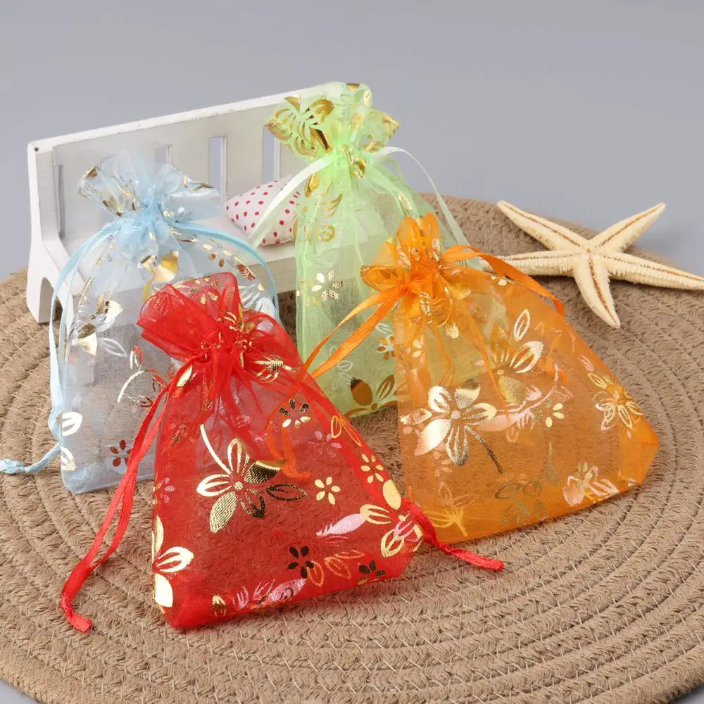 30pcs/Lot 10x15cm Gold Lovely Flowers Organza Drawstring Bag